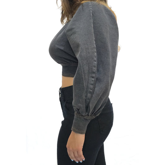 VYKA Crop top de mezclilla de manga larga y estilo informal para mujer, adecuada para top de mezclilla de invierno, estilo chic, color gris