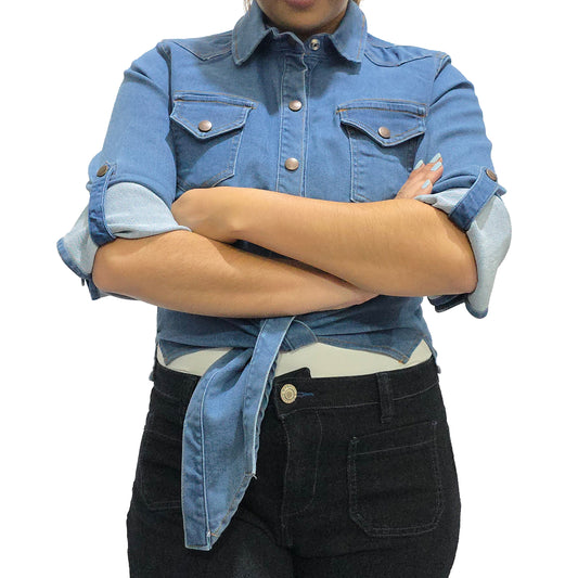 VYKA Camisa larga de mezclilla de manga larga y estilo informal para mujer, adecuada para chaqueta de mezclilla de invierno, estilo vaquero, color azul claro