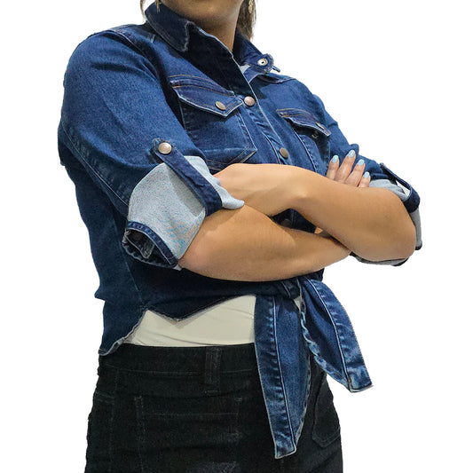 VYKA Camisa larga de mezclilla de manga larga y estilo informal para mujer, adecuada para chaqueta de mezclilla de invierno, estilo vaquero, color azul marino