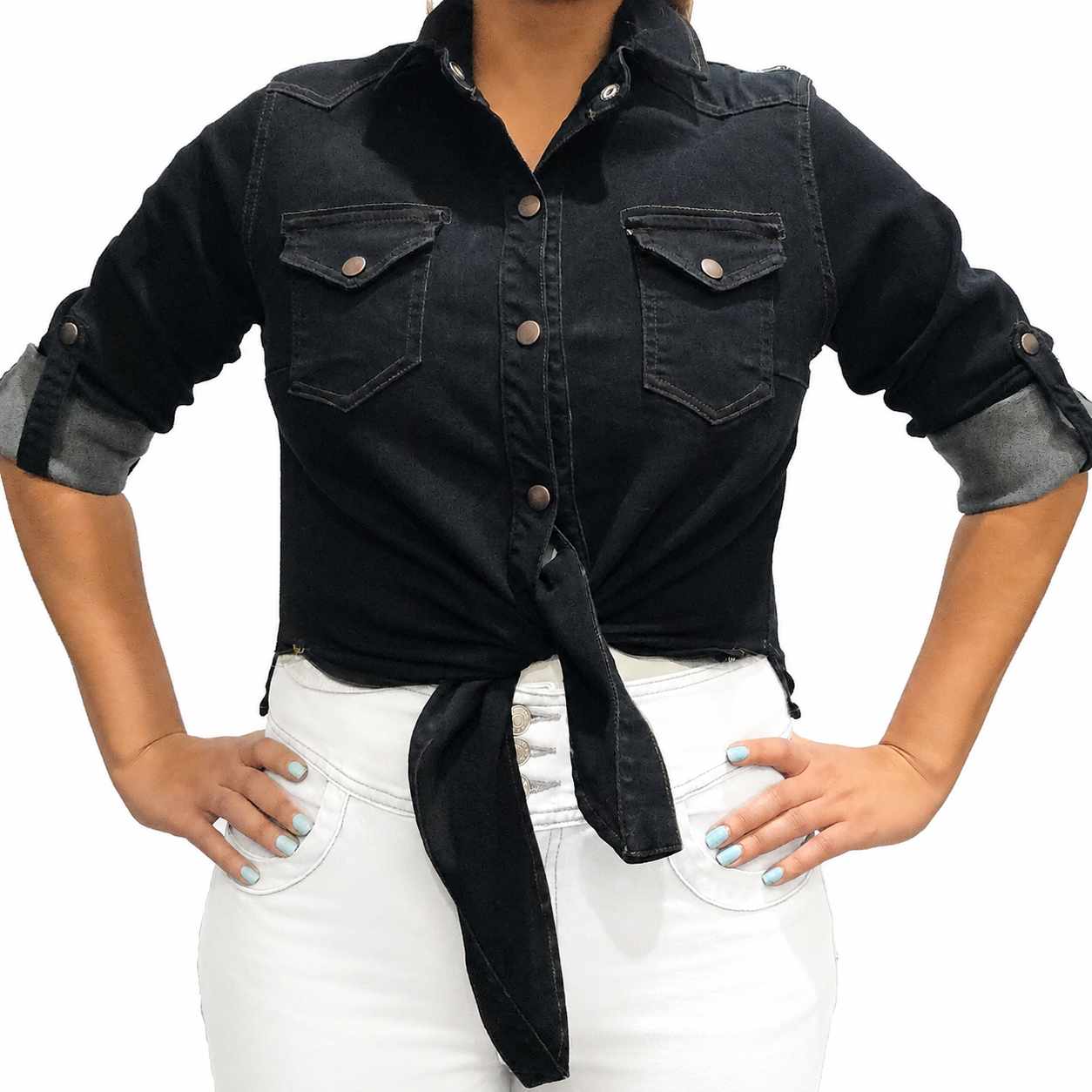 VYKA Camisa larga de mezclilla de manga larga y estilo informal para mujer, adecuada para chaqueta de mezclilla de invierno, estilo vaquero, color negro