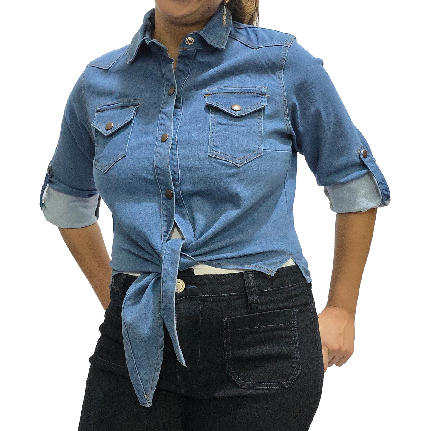 VYKA Camisa larga de mezclilla de manga larga y estilo informal para mujer, adecuada para chaqueta de mezclilla de invierno, estilo vaquero, color azul claro