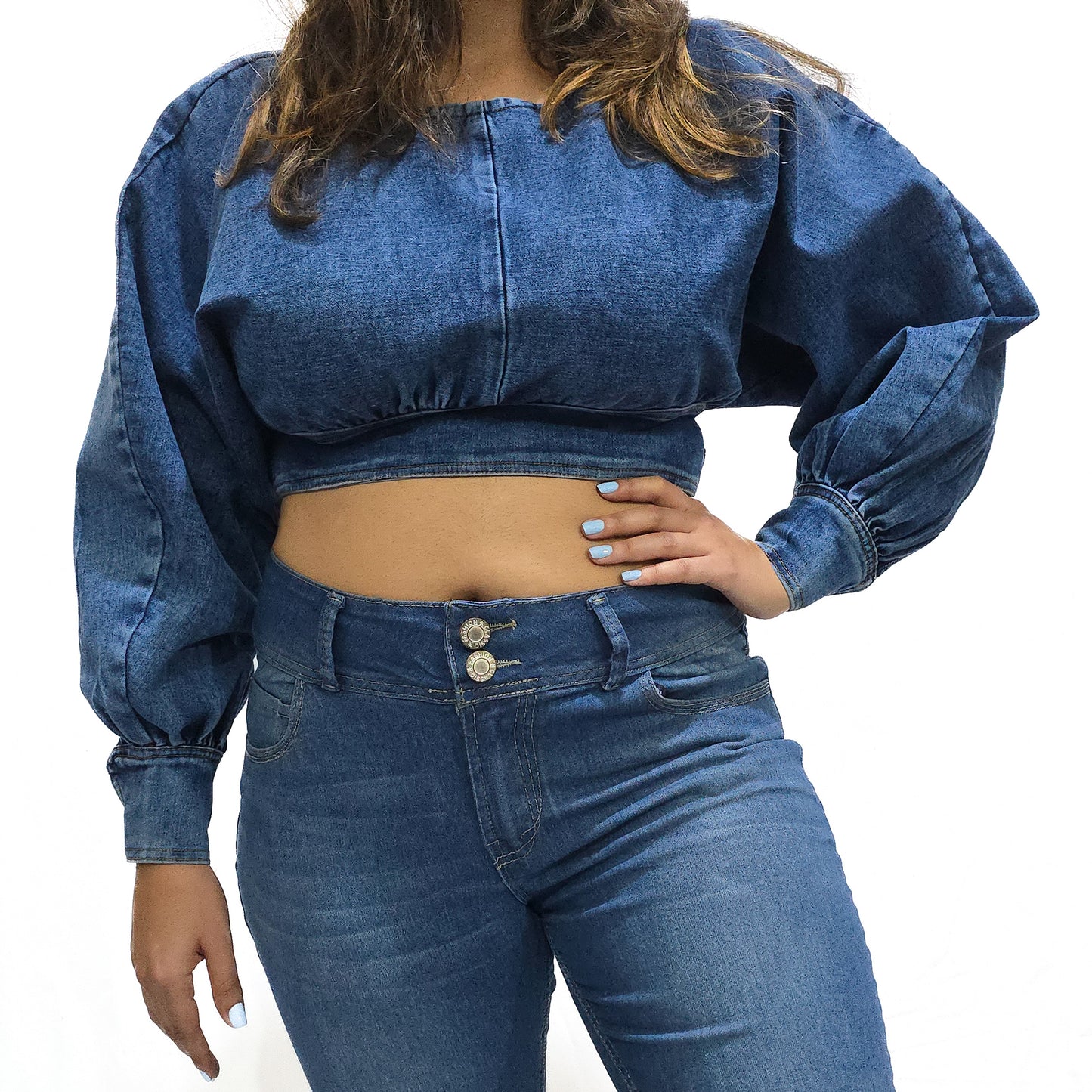VYKA Crop top de mezclilla de manga larga y estilo informal para mujer, adecuada para top de mezclilla de invierno, estilo chic, color azul marino