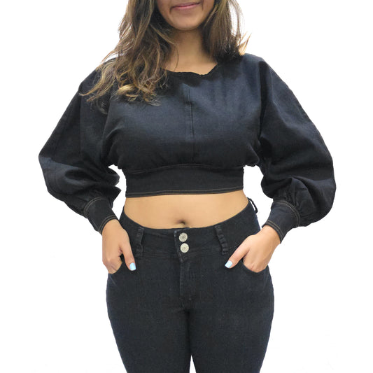 VYKA Crop top de mezclilla de manga larga y estilo informal para mujer, adecuada para top de mezclilla de invierno, estilo chic, color negro