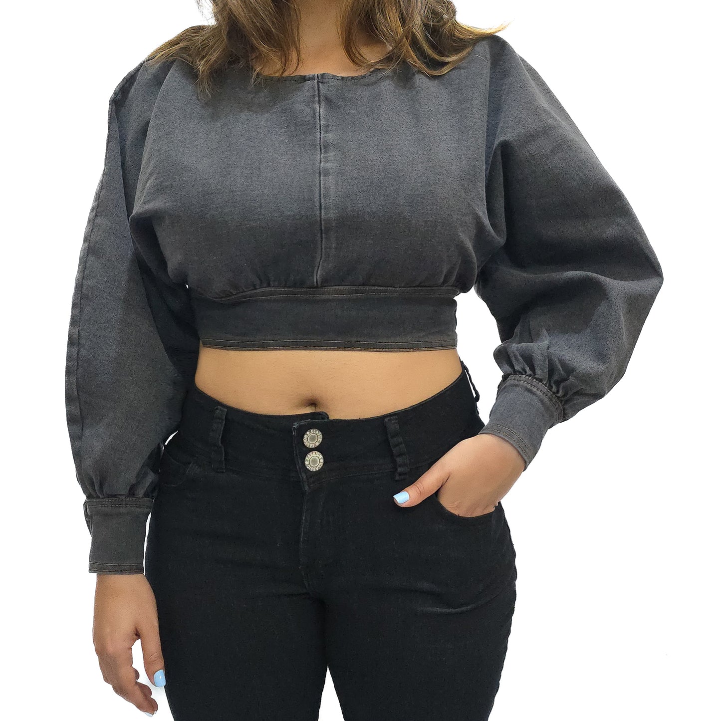 VYKA Crop top de mezclilla de manga larga y estilo informal para mujer, adecuada para top de mezclilla de invierno, estilo chic, color gris
