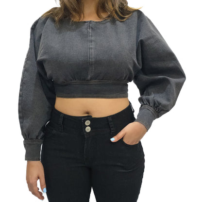 VYKA Crop top de mezclilla de manga larga y estilo informal para mujer, adecuada para top de mezclilla de invierno, estilo chic, color gris