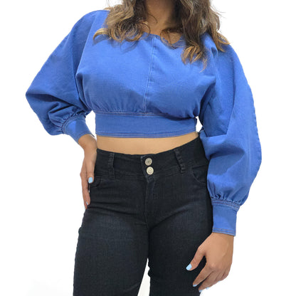 VYKA Crop top de mezclilla de manga larga y estilo informal para mujer, adecuada para top de mezclilla de invierno, estilo chic, color azul claro