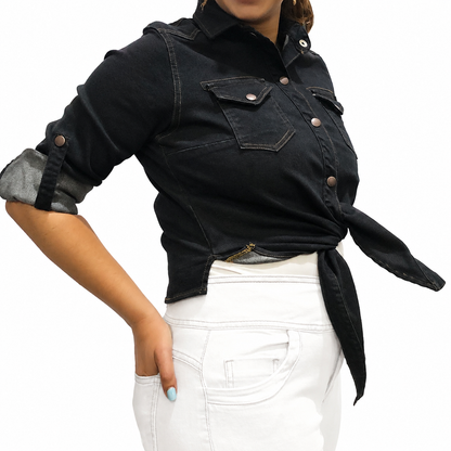 VYKA Camisa larga de mezclilla de manga larga y estilo informal para mujer, adecuada para chaqueta de mezclilla de invierno, estilo vaquero, color negro