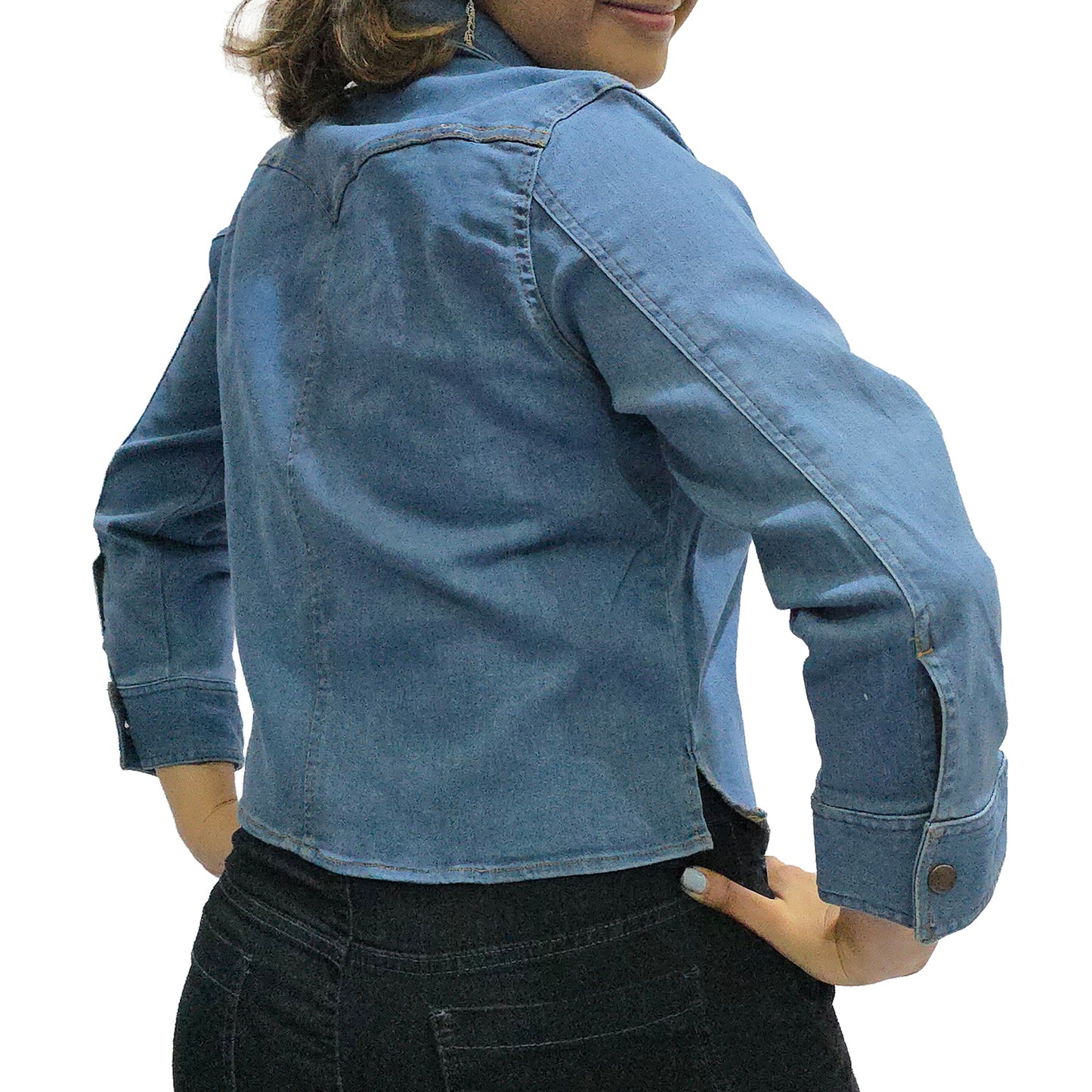 VYKA Camisa larga de mezclilla de manga larga y estilo informal para mujer, adecuada para chaqueta de mezclilla de invierno, estilo vaquero, color azul claro