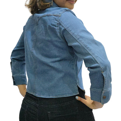 VYKA Camisa larga de mezclilla de manga larga y estilo informal para mujer, adecuada para chaqueta de mezclilla de invierno, estilo vaquero, color azul claro