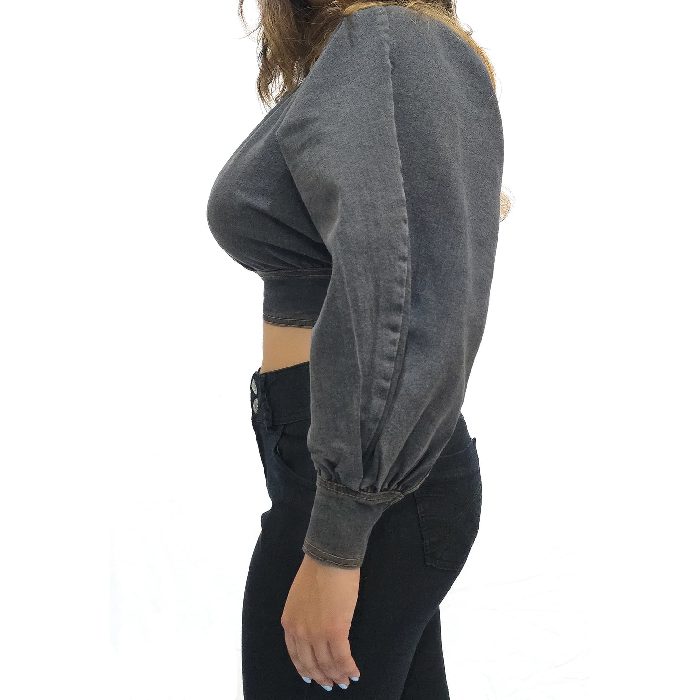 VYKA Crop top de mezclilla de manga larga y estilo informal para mujer, adecuada para top de mezclilla de invierno, estilo chic, color gris