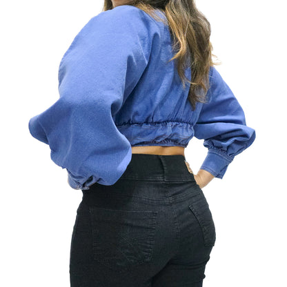 VYKA Crop top de mezclilla de manga larga y estilo informal para mujer, adecuada para top de mezclilla de invierno, estilo chic, color azul claro