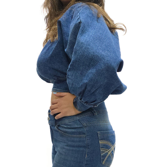 VYKA Crop top de mezclilla de manga larga y estilo informal para mujer, adecuada para top de mezclilla de invierno, estilo chic, color azul marino