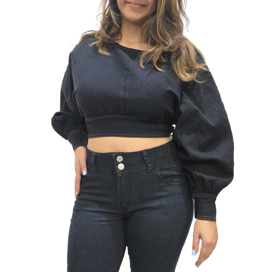 VYKA Crop top de mezclilla de manga larga y estilo informal para mujer, adecuada para top de mezclilla de invierno, estilo chic, color negro
