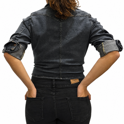 VYKA Camisa larga de mezclilla de manga larga y estilo informal para mujer, adecuada para chaqueta de mezclilla de invierno, estilo vaquero, color gris