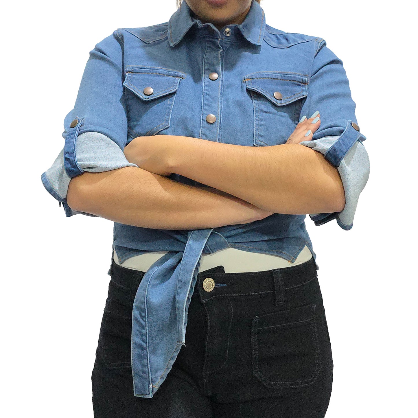 VYKA Camisa larga de mezclilla de manga larga y estilo informal para mujer, adecuada para chaqueta de mezclilla de invierno, estilo vaquero, color azul claro