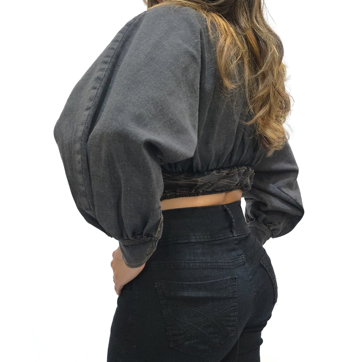 VYKA Crop top de mezclilla de manga larga y estilo informal para mujer, adecuada para top de mezclilla de invierno, estilo chic, color gris