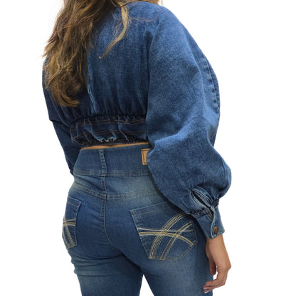 VYKA Crop top de mezclilla de manga larga y estilo informal para mujer, adecuada para top de mezclilla de invierno, estilo chic, color azul marino