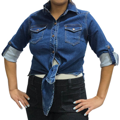 VYKA Camisa larga de mezclilla de manga larga y estilo informal para mujer, adecuada para chaqueta de mezclilla de invierno, estilo vaquero, color azul marino