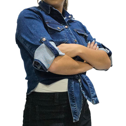 VYKA Camisa larga de mezclilla de manga larga y estilo informal para mujer, adecuada para chaqueta de mezclilla de invierno, estilo vaquero, color azul marino