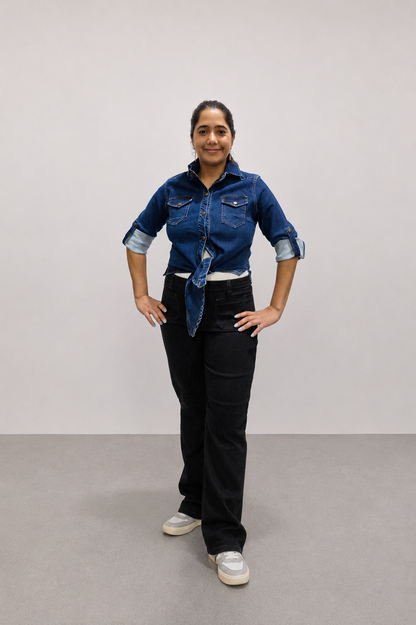 VYKA Camisa larga de mezclilla de manga larga y estilo informal para mujer, adecuada para chaqueta de mezclilla de invierno, estilo vaquero, color azul marino