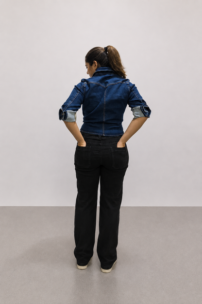VYKA Camisa larga de mezclilla de manga larga y estilo informal para mujer, adecuada para chaqueta de mezclilla de invierno, estilo vaquero, color azul marino