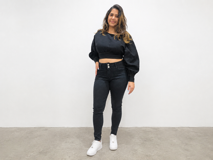 VYKA Crop top de mezclilla de manga larga y estilo informal para mujer, adecuada para top de mezclilla de invierno, estilo chic, color negro