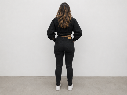 VYKA Crop top de mezclilla de manga larga y estilo informal para mujer, adecuada para top de mezclilla de invierno, estilo chic, color negro